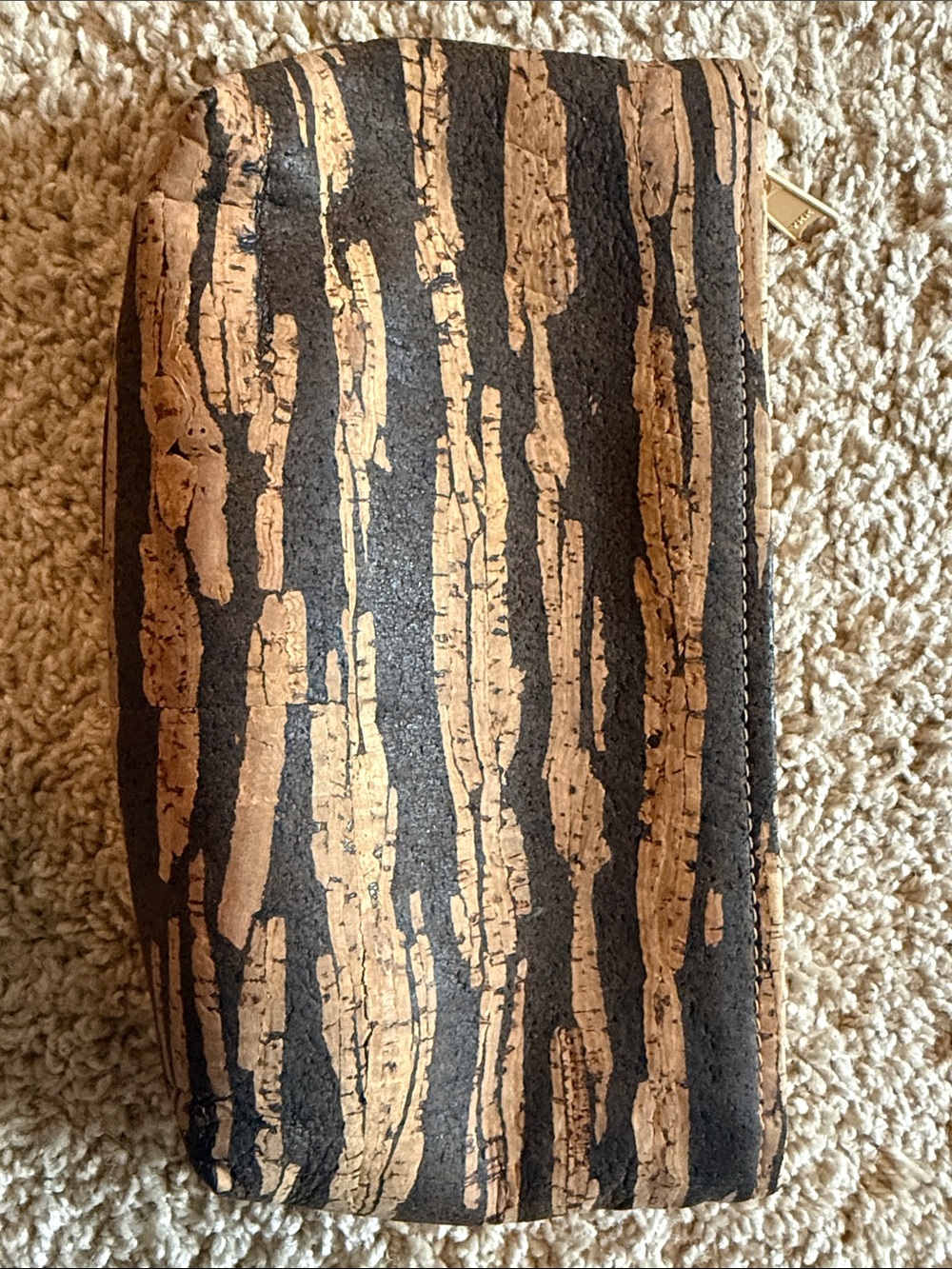 Cork Pattern Zip Cosmetic Bag in Tan and Black